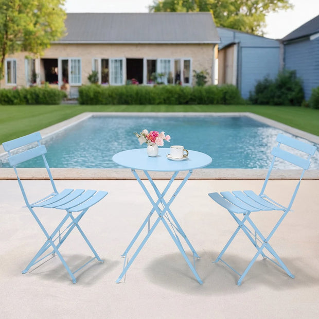 Bistro set 2 persons - Garden table round - Foldable - Collapsible - High quality and durable metal - Garden furniture - Garden chairs - Light blue