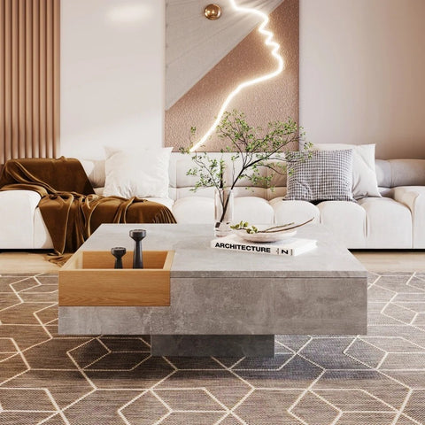 Salontafel - Bijzettafel Met Afneembare Opbergdoos - Woonkamer Tafel - Betongrijs - 72x72x30cm