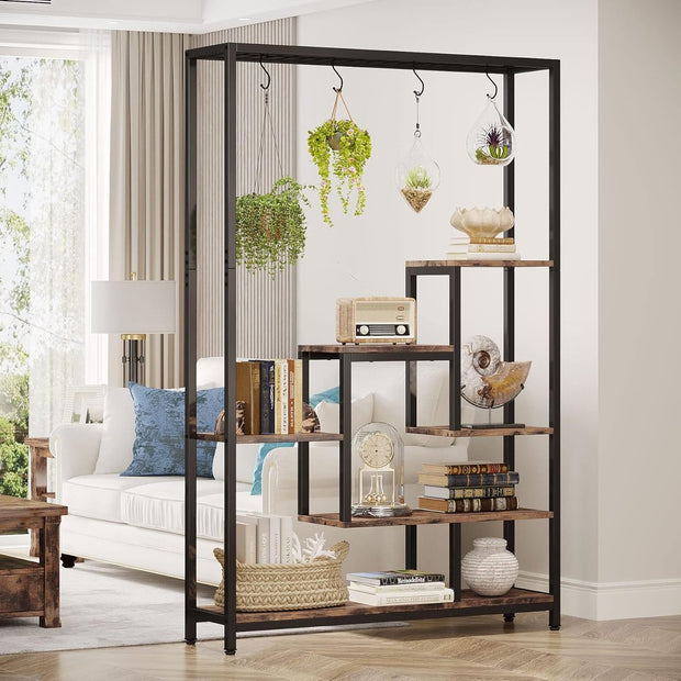 Plantenrek - Plantenstandaard - Plantenrek voor Binnen en Buiten - Plantenrek met 5 Liveaus en 6 S-haken - Bruin en Zwart - 100 x 30 x 180 cm