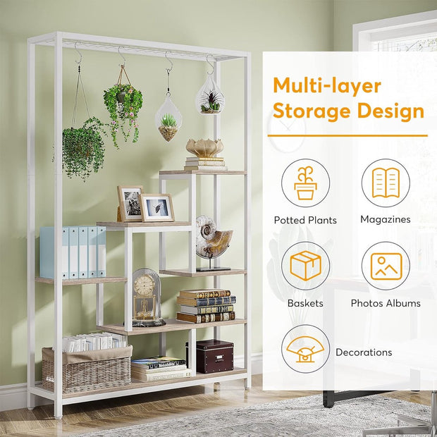 Plantenrek - Plantenstandaard - Plantenrek voor Binnen en Buiten - Plantenrek met 5 Niveaus en 10 S-haken - Wit en Grijs - 100 x 30 x 180 cm