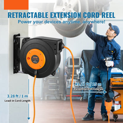 Kabelhaspel - Wandmontage Verlengkabel - 15m - 1000W - Spanning AC 220V - Max. Temperatuurschakelaar 56℃ - Automatische Uitbreiding - Montagemogelijkheden Muur of Plafond
