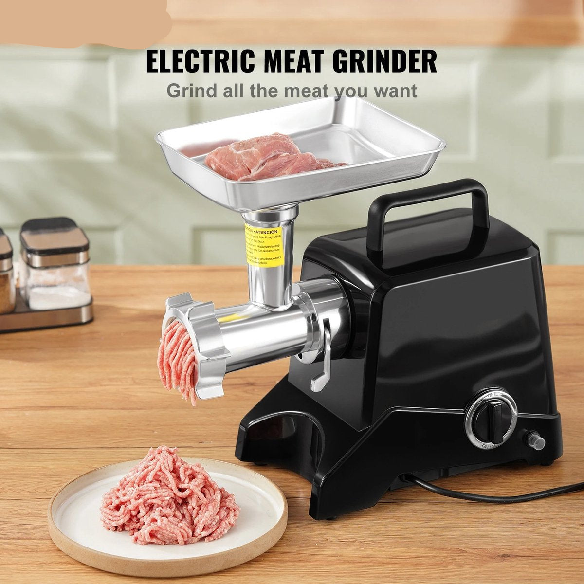 Electric Meat Grinder - Mincer - 250kg/Hour - Stainless Steel Grinding Blades - 2 Grinding Discs - Extra Parts - 1100 Watt - Black