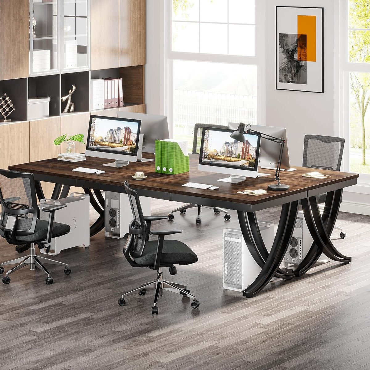 Bureau - Dubbel Lang Bureau - Computerbureau - Computer Tafel - Bureautafel - Bruin en Zwart - 200 x 70 x 75 cm - QUORE