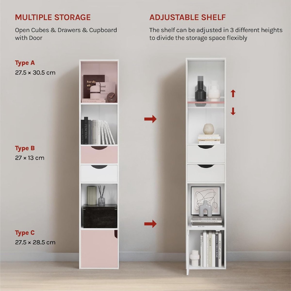 Witte boekenkast met opbergruimte – smalle plank met 3 open compartimenten, 2 lades en 1 deur – 30x158x24cm