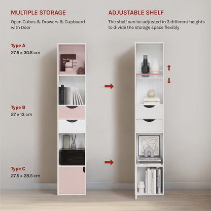 Witte boekenkast met opbergruimte – smalle plank met 3 open compartimenten, 2 lades en 1 deur – 30x158x24cm