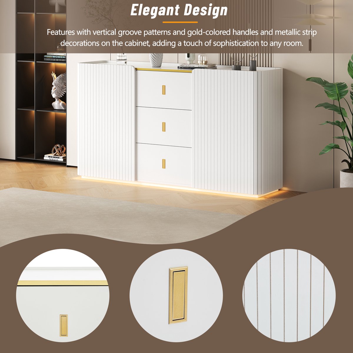 LED - Modern wit dressoir met LEDverlichting - 150x35x80 cm - 2 deuren, 3 lades en RGB-kleuren - Opbergkast voor woonkamer, eetkamer of hal - Wit