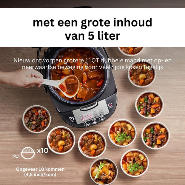 Slow Cooker with Timer - Ceramic Inner Pot - Hotpot - Rice Cooker with Steam and Keep Warm Function - Multicooker with Non-Stick Inner Pot - Brushed Black