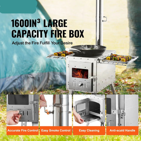 Houtkachel - Roestvrij - Campingtent - Draagbare Houtkachel - Met Schoorsteenpijp - Hittebestendige handschoenen - Openhaard - Vakantie - Buiten koken