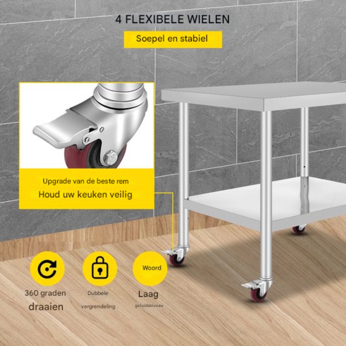 Zilveren Commerciële Keuken Werktafel - RVS - 95x61 cm - Verrijdbaar