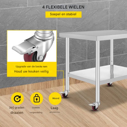 Zilveren Commerciële Keuken Werktafel - RVS - 95x61 cm - Verrijdbaar