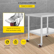 Zilveren Commerciële Keuken Werktafel - RVS - 95x61 cm - Verrijdbaar