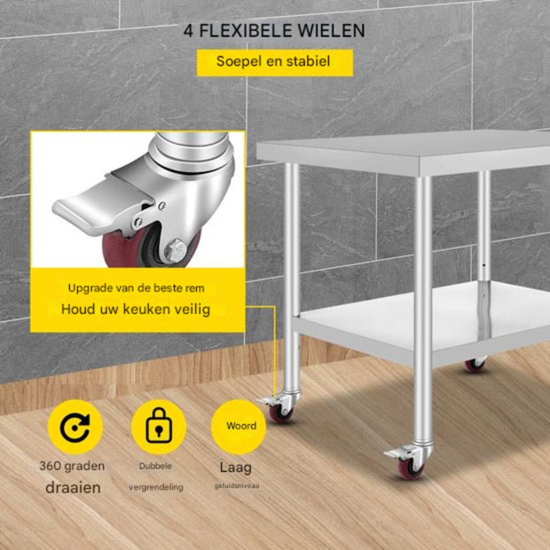 Zilveren Commerciële Keuken Werktafel - RVS - 95x61 cm - Verrijdbaar