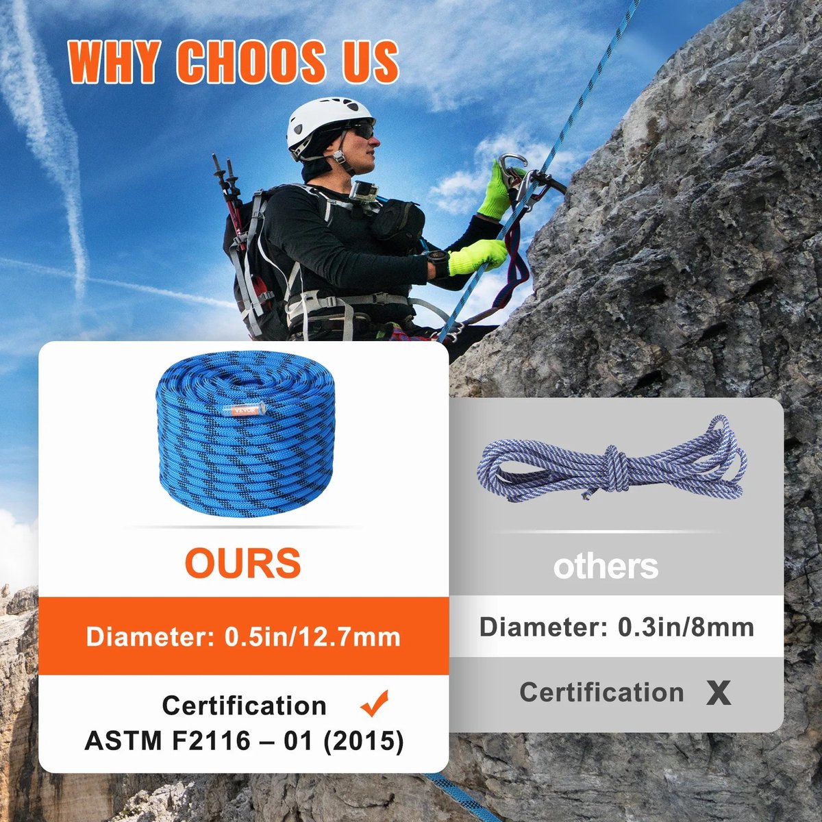 Klim touw - Outdoor rotsklimtouw - Met stalen karabijnhaken - 38 meter