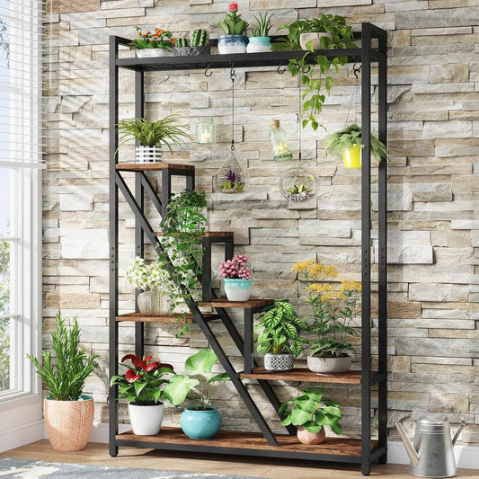 Plantenrek - Plantenstandaard - Plantenrek voor Binnen en Buiten - Plantenrek met 7 Niveaus en 5 S-haken - Bruin Zwart - 105 x 30 x 180 cm