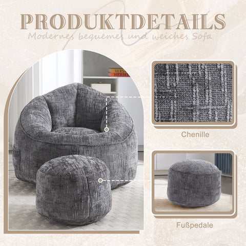 Zitzak met Voetensteun - Loungestoel met Hoge Druk Schuimvulling - Beanbag Ergonomisch Ontwerp - Chenille Stof – 89x88x76 cm - Grijs