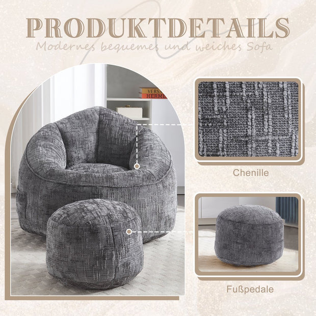 Zitzak met Voetensteun - Loungestoel met Hoge Druk Schuimvulling - Beanbag Ergonomisch Ontwerp - Chenille Stof – 89x88x76 cm - Grijs