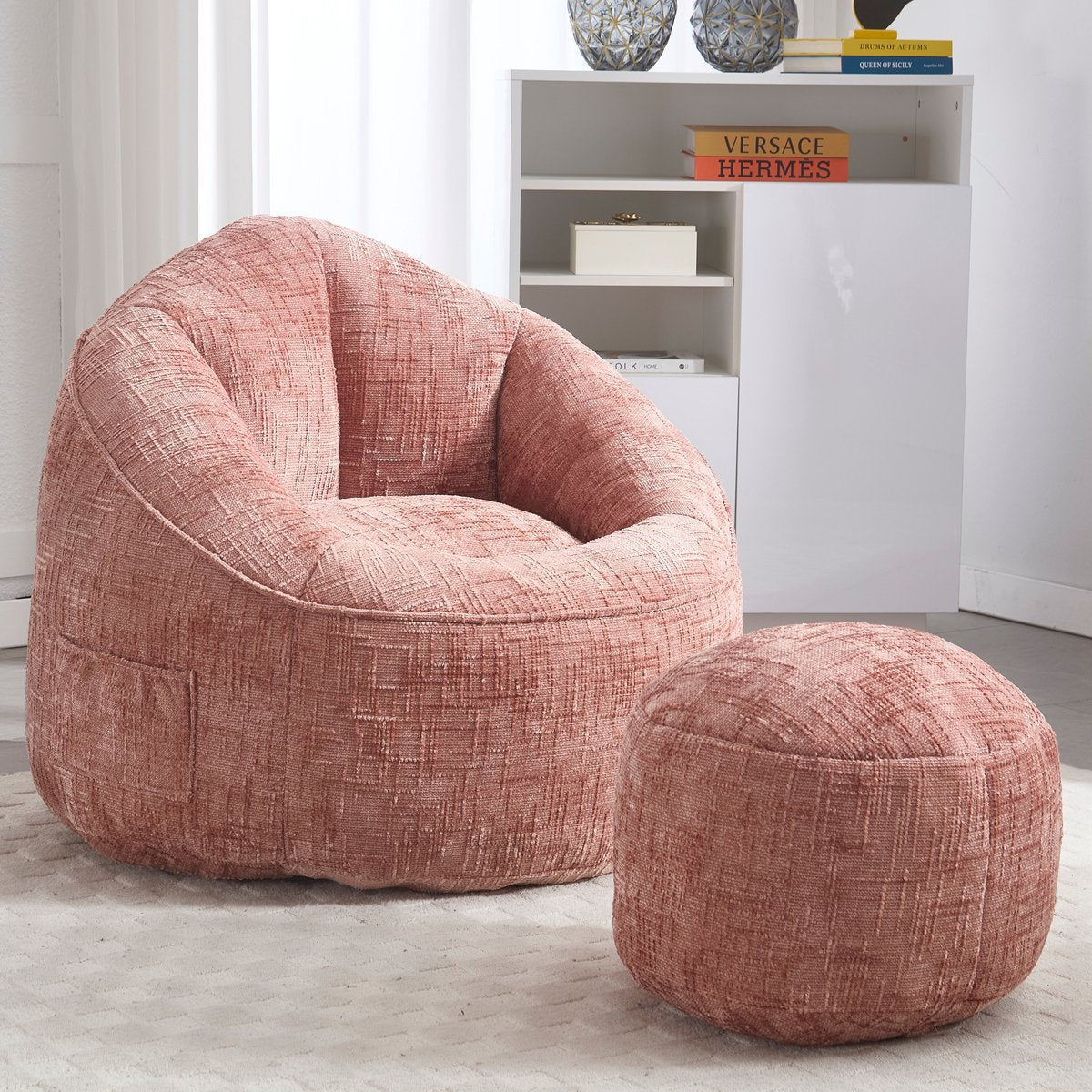 Zitzak Stoel met Voetensteun - Beanbag in Luxe Chenille Stof - Hoge Druk Schuimvulling - Ergonomisch Ontwerp - 89x88x76 cm - Roze