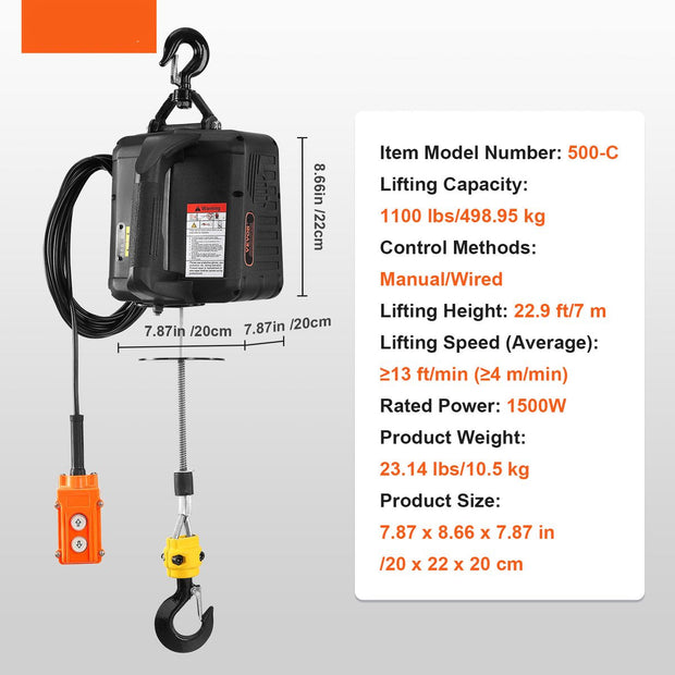 Elektrische Lier - Draagvermogen Touwtakel - Hefsnelheid ≥4m/min Motorlier - 2 in 1 - 498,95KG - 7m Hoog - 1500W - 2 Bedieningsmodi Handmatige/Bedrade Afstandsbediening - Zwart
