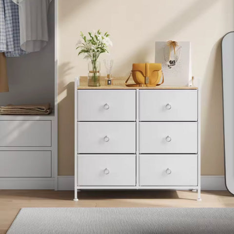 Ladekast met 6 Lades - Opbergkast met Houten Top & Metaal Frame - Voor Slaapkamer, Hal of Woonkamer - Wit - Met Zijbord & Verstelbare Voetjes - 80x29x78 cm - Wit