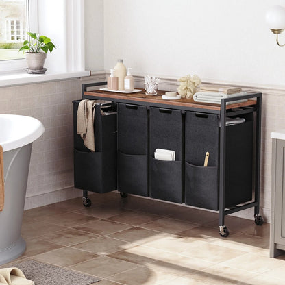Wasmand met wielen - Waskar - Wasmand Met Plank - Oxford Stoffen Waszak - Stevig en Stijlvol - Rustiek Bruin - 110.5x33x74.5cm