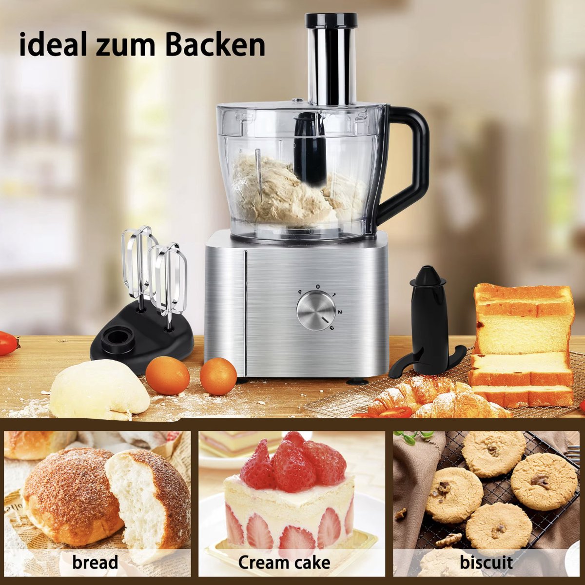 Keukenmachine - Alles in 1 keukenmachine - Multifunctionele keukenmachine - Vleesmolen - Garde - Kneder - Shredder - Sinaasappelpers - Hakselaar - Blender - 1100W - Zilver