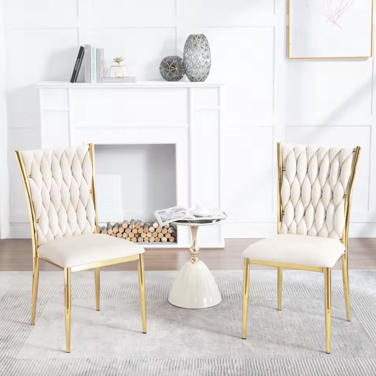 Dining chair - Set of 2 chairs - Velvet dining chair - Dining room chairs - Dining table chair - Velvet - Velvet - Braided pattern - Gold leg - Metal - White - Gold