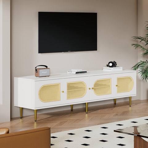Wit Rattan - TV Cabinet - 180x40x50cm - 4 Rattan-Deuren - Verstelbare Planken - en Kabelbeheer voor Televisies tot 80 inch - Tv-Kast - Lowboards