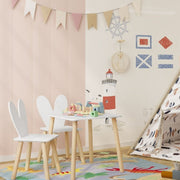 Kindertafelset met stoelen - Activiteitentafel voor kinderen - Creatieve speelset - Veilig en duurzaam - Met rugleuningen in de vorm van konijnenoren - Ideaal voor kinderkamers en babykamers - Witte tafel en 2 stoelenset - Konijnentafelset