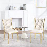 Eetkamerstoel - Set van 2 stoelen - Fluwelen eetkamer stoel - Eetkamerstoelen - Eettafel stoel - Velvet - Fluweel - Gevlochten patroon - Gouden poot - Metaal - Wit - Goud