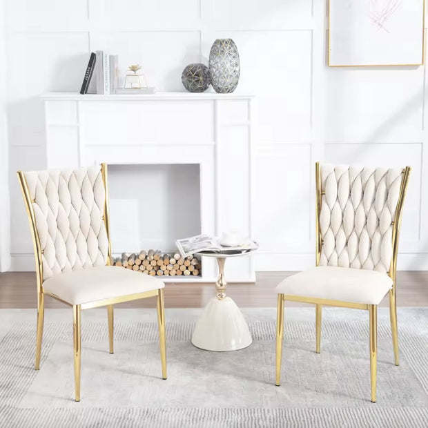 Eetkamerstoel - Set van 2 stoelen - Fluwelen eetkamer stoel - Eetkamerstoelen - Eettafel stoel - Velvet - Fluweel - Gevlochten patroon - Gouden poot - Metaal - Wit - Goud