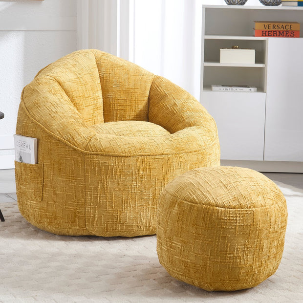 Zitzak Sofa met Voetensteun - Luxe Chenille Bean Bag Stoel -- Ergonomische Loungestoel met Hoge Rugleuning – Comfortabele Fauteuil - Geel