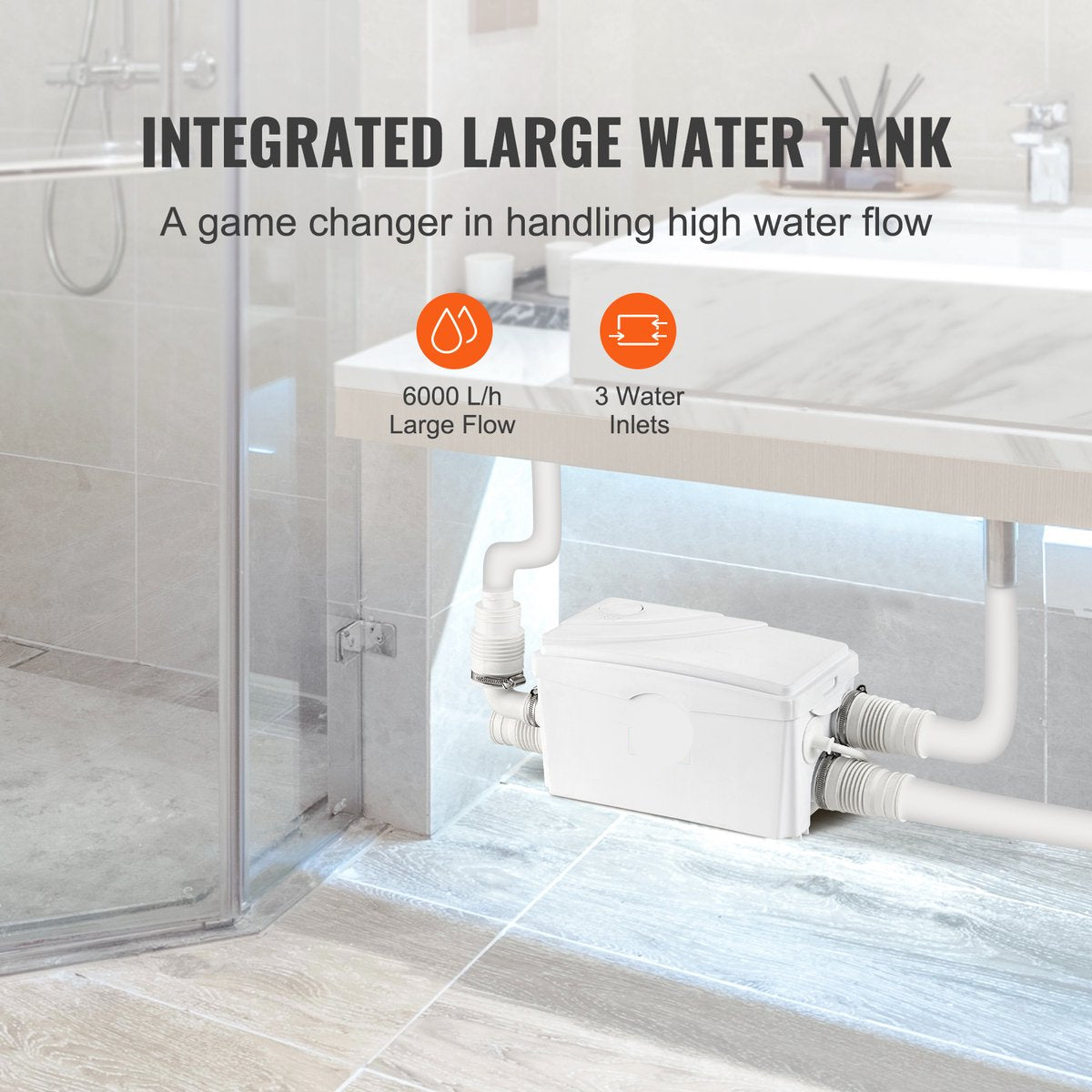 Afvalwaterpomp – 350W – 6000 L/U Debiet – 7M Opvoerhoogte – Hittebestendig en Antimicrobieel – Met 3 Waterinlaten voor Kelder - Keuken - Gootsteen - Douche en Badkuip