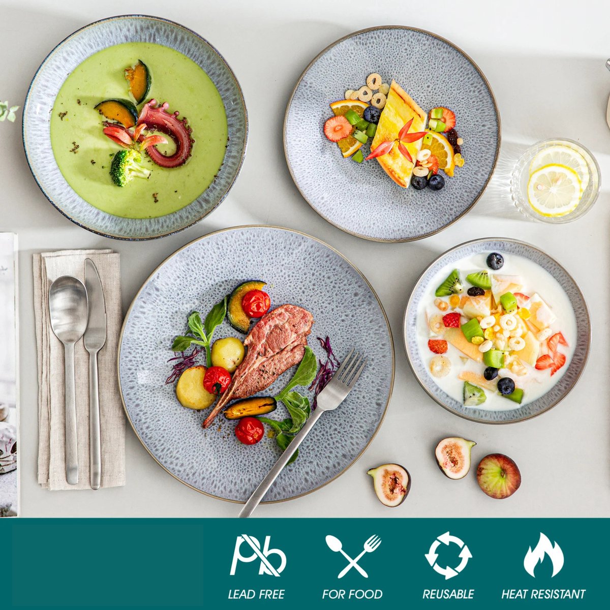 Luxe Serviesset – 32 delig – 8 persoons – Porselein - Bordenset – Dinner platen – Dessertborden - Kommen - Mokken - Schaaltjes - Grijs