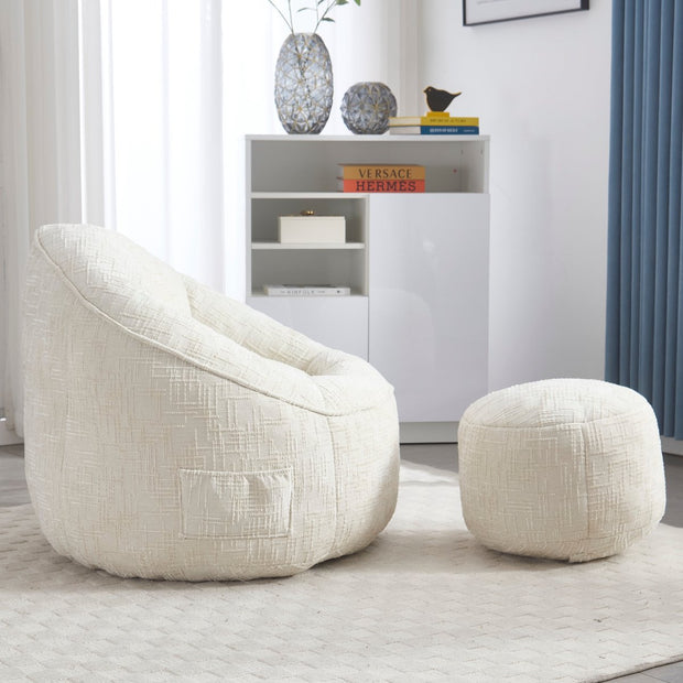 Zitzak met Voetensteun - Stoel met Hoge Druk Schuimvulling - Ergonomisch Ontwerp - Chenille Stof - 89x88x76 cm - Beige