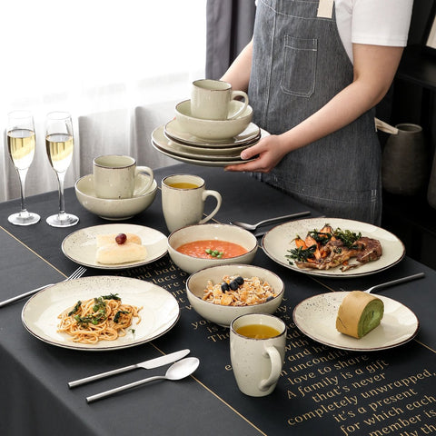 Serviesset - 32-delig - Steengoed Keramiek - Diner- & Dessertborden, 800ml Kommen & Mokken - Elegant & Milieuvriendelijk