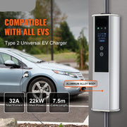 Laadkabel - 32A Lader - Type 2 EV - met CEE 32-stekker - Wallbox 7,36kW (enkelfasig) / 22kW (driefasig) - EV-laadstation - met 4 Stroomaanpassingsniveaus (16A/20A/24A/32A) - Voor Elektrisch Voertuig
