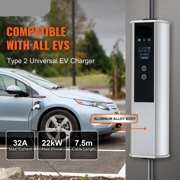 Laadkabel - 32A Lader - Type 2 EV - met CEE 32-stekker - Wallbox 7,36kW (enkelfasig) / 22kW (driefasig) - EV-laadstation - met 4 Stroomaanpassingsniveaus (16A/20A/24A/32A) - Voor Elektrisch Voertuig