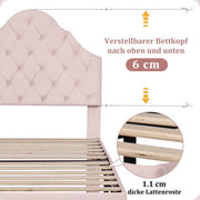Enkel bed,Gemakkelijke montage, 90*200cm Gestoffeerd bed met lattenbod en hoofdeinde, Gestoffeerd bed met in hoogte verstelbaar hoofdeinde, Jeugdbed, Houten lattensteun, Fluweel, roze