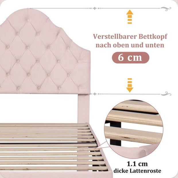 Enkel bed,Gemakkelijke montage, 90*200cm Gestoffeerd bed met lattenbod en hoofdeinde, Gestoffeerd bed met in hoogte verstelbaar hoofdeinde, Jeugdbed, Houten lattensteun, Fluweel, roze