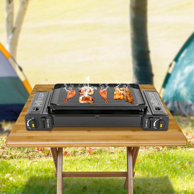 Campinggaspit - Gasbrander Camping - Camping Gasstel - Camping Bbq - Camping Kooktoestel - Fornuis 2 pits - Draagbare Kookplaat - Afneembare Bakplaat - Met Draagkoffer - 64x28cm - Zwart