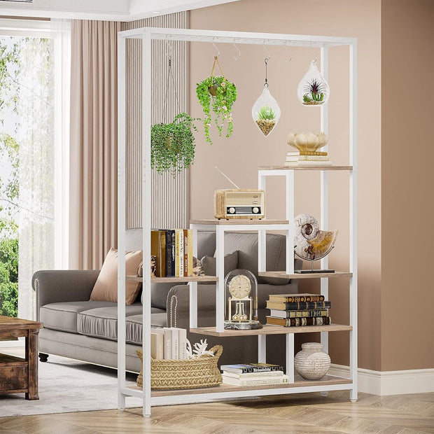 Plantenrek - Plantenstandaard - Plantenrek voor Binnen en Buiten - Plantenrek met 5 Niveaus en 10 S-haken - Wit en Grijs - 100 x 30 x 180 cm