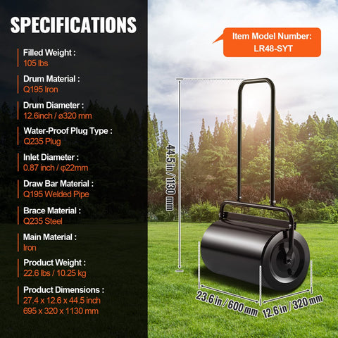 Gazonwals - Robuuste Stalen Frame - Grote Capaciteit Van 46 Liter - 69.5 x 32 x 113 cm  - Eenvoudig Te Gebruiken En Op Te Bergen - Met U-Vormig Handvat - Voor Tuinen - Boerderijen En Grote Groene Parken
