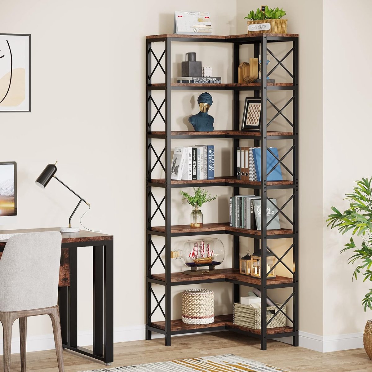 Boekenkast - Hoek Boekenkast met 7 Planken - Industrieel Grote Hoekplank - Spaanplaat - Bruin en Zwart - 60 x 60 x 200 cm