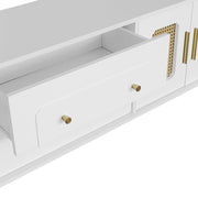 Lowboard - Tv-Meubel in Retrostijl - Gouden Handgrepen - Veel Opbergruimte - Met Rotan Deur - en Metalen Poten - Wit