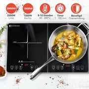 KitchenBrothers Inductie Kookplaat - 2 Pits - Vrijstaand - 1500W + 2000W - RVS