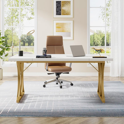 Bureau - Modern Bureau met Gouden Metalen Frame - Computerbureau - Computer Tafel - Bureautafel - Wit en Goud - 159 x 79 x 78 cm