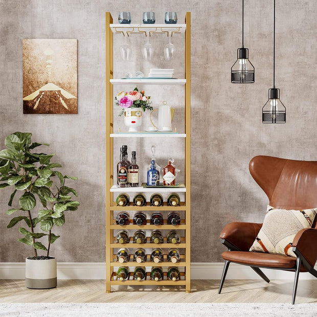 Wijnrek - 9-laags - Industrieel - Wijnrek Metaal - Staand Flessenrek voor 20 Flessen - Wit en Goud - 45 x 35 x 180 cm