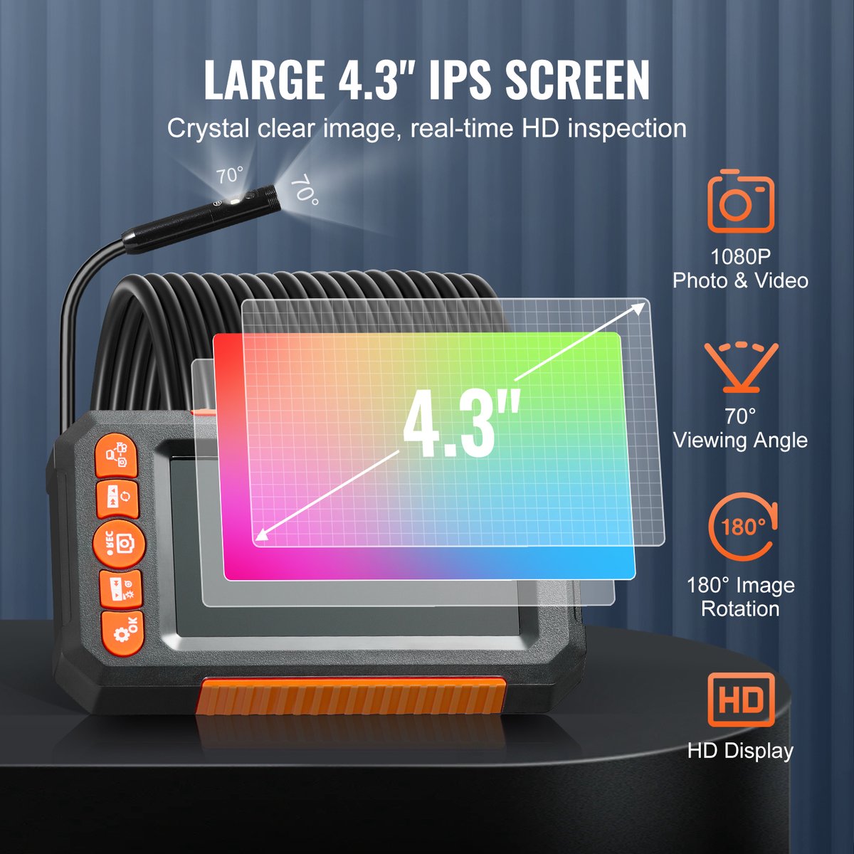 Endoscoopcamera - Endoscoop - 1080p - 5m Kabel - 4.3" Display - Geschikt voor IndustriëLe Inspectie - Zwart