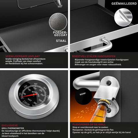 Grillwagen - trolley XL houtskoolbarbecue met deksel - wielen roestvrijstalen handgreep grillrooster en thermometer - ‎45 x 115 x 105 cm - Zwart