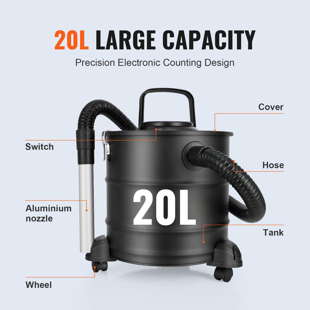 Elektrische Aszuiger - 1200W - Grote Capaciteit van 20 Liter - HEPA Systeem - Flexibele Slang van 1,2 m - Multifunctioneel voor Open Haarden - Tuinreiniging en Meer - Inclusief Aluminium Buis - Rollen en Filter - Zwart